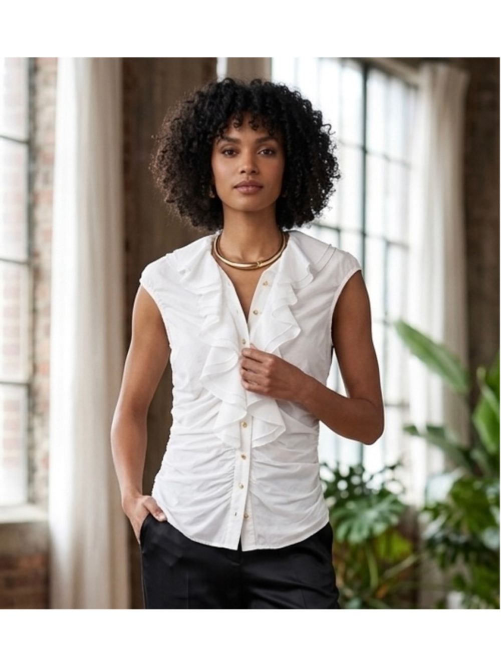 Women's Antonio Melani Ruffled Sleeveless Blouse, Size L, White 1885